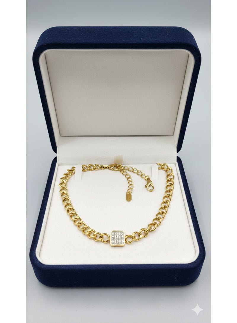 WARD Elegant Gold-Tone Stainless Steel Link Chain Necklace featuring a Sparkling Crystal Square Charm. - Image 2